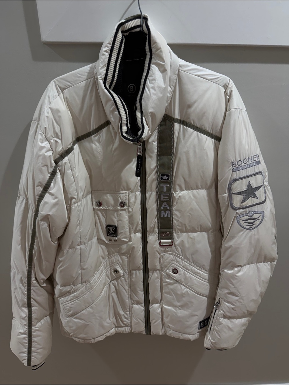 Bogner Men's White Puffer Jacket with Olive Trim and TEAM Tape